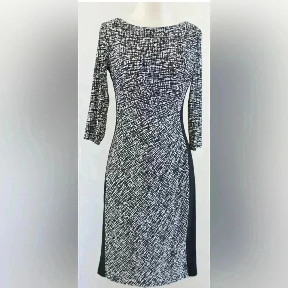 Lauren Ralph Lauren Black White Printed 3/4 Sleeve Rushed Wiggle Dress Size 4P